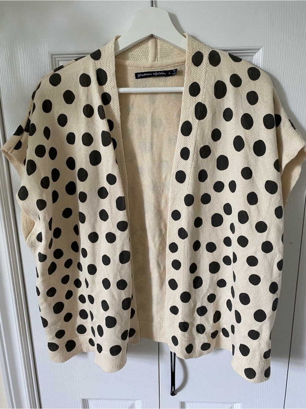 Gudrun Sjoden 100% cotton open front cap sleeve cardigan ecru with olive dots L